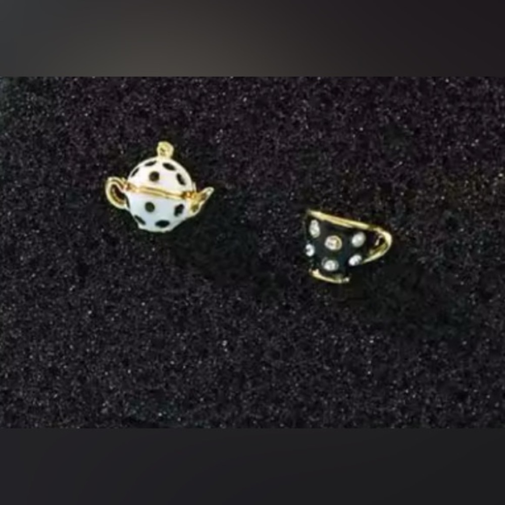 Alice In Wonderland Gold Enameled Black & White Teapot & Teacup Stud Earrings - Picture 5 of 10